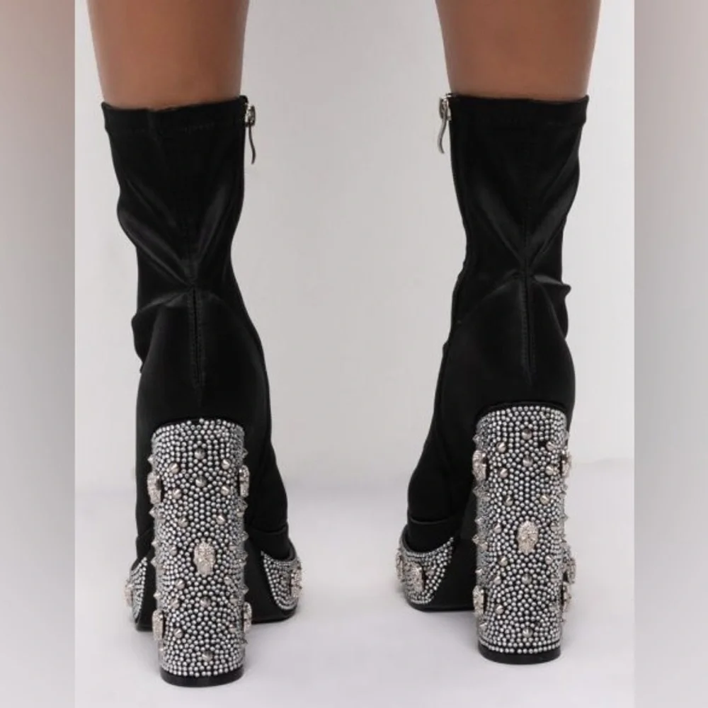 Azalea Wang Embellished Diamond Skull Wedge Sock Platform Heel Booties